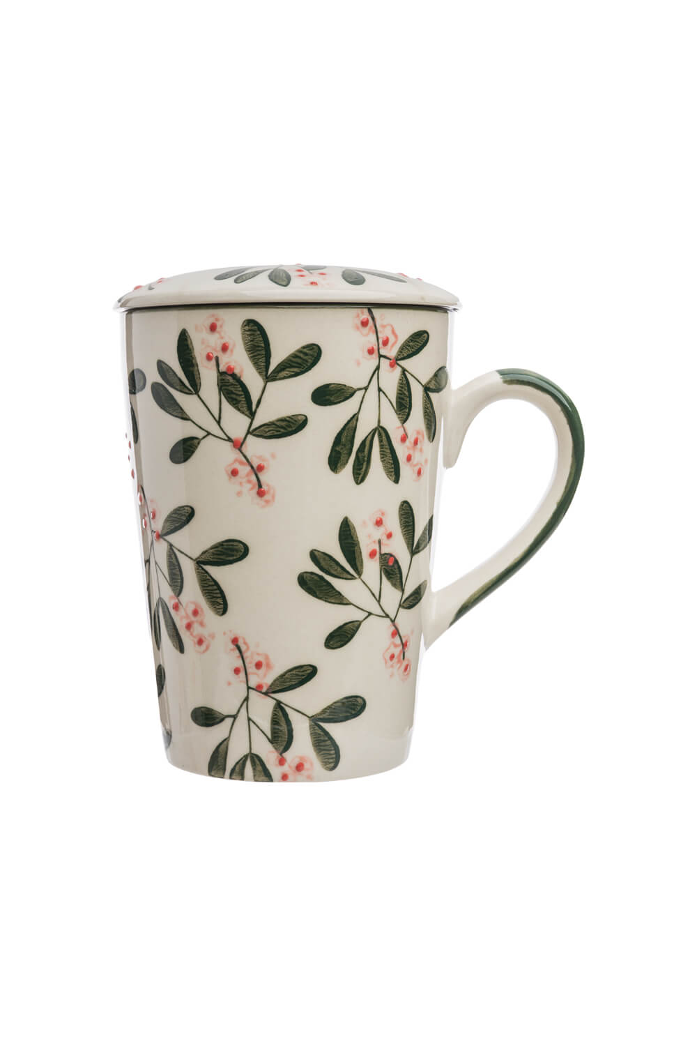 Tasse mit Teesieb VINTAGE GARDEN aus Steinzeug mit handillustriertem Motiv